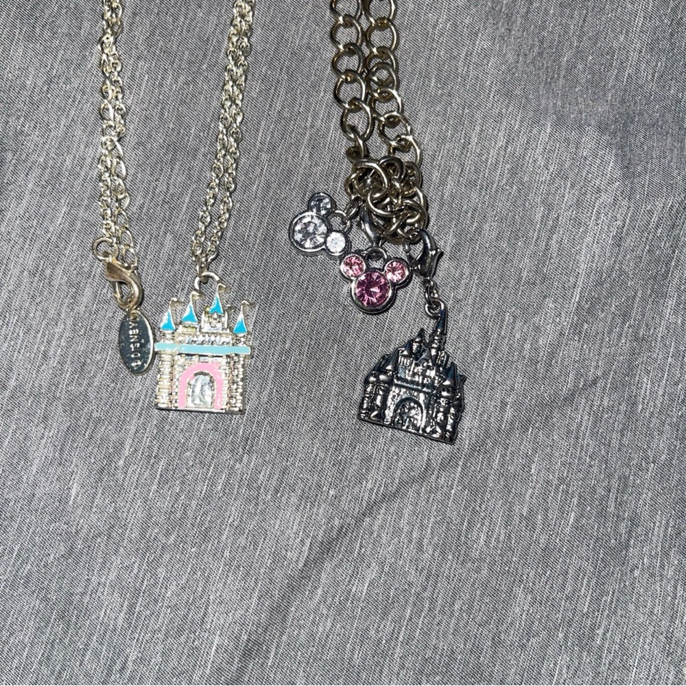 Two Disney Castle Necklaces With Crystals & Two Tone Enamel With Silver Tone